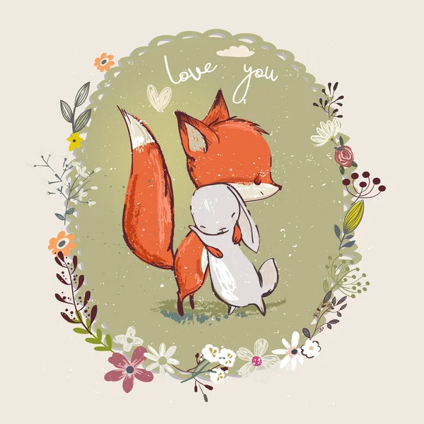 Mignon petit lièvre avec renard — Image vectorielle