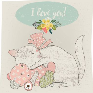 Oyuncak ayı ile şirin yavru kedi