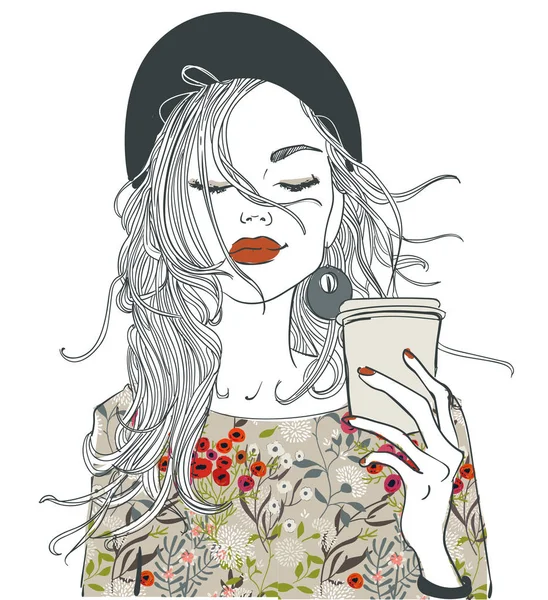 Hermosa chica con taza de café — Vector de stock