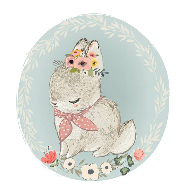 Симпатичный заяц с цветочным венком — стоковый вектор