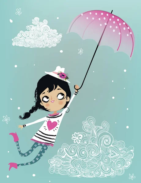 Linda chica voladora con paraguas — Vector de stock