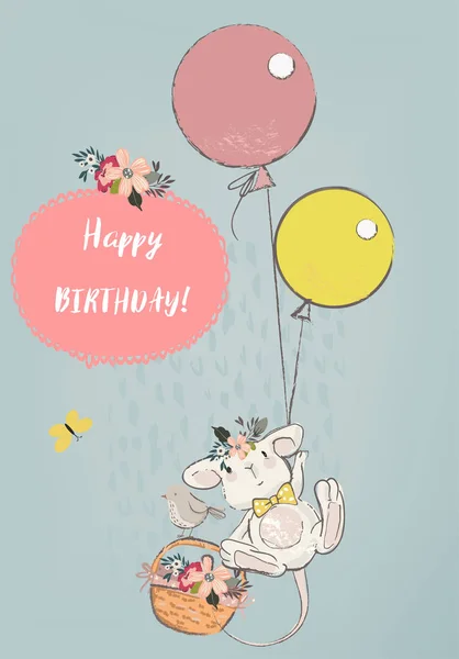 Lindo ratón con globos — Vector de stock