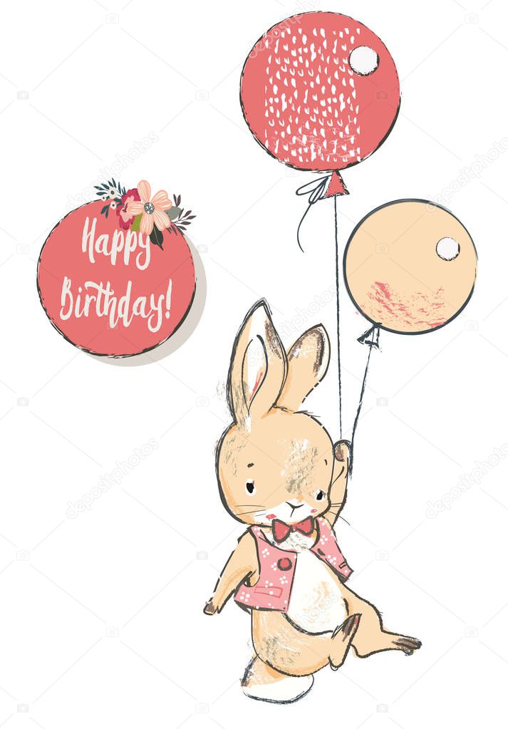 cute hare with balloons