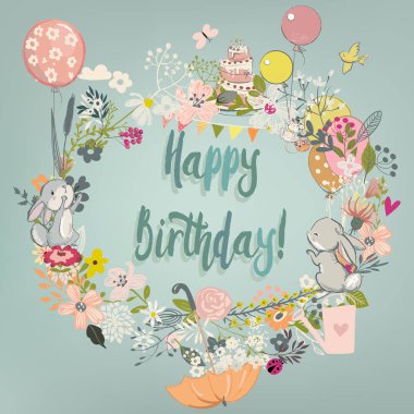 Çiçek çelenk ile sevimli yabani tavşan