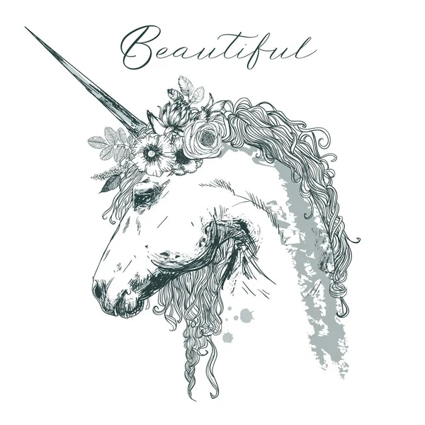 Hermoso unicornio con corona floral — Vector de stock