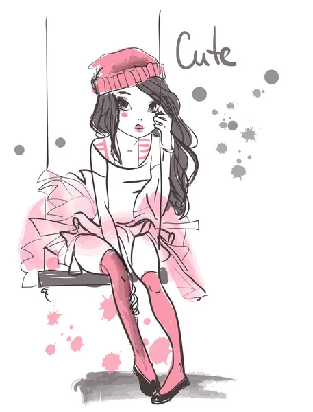 sevimli yaz kız şapka ile