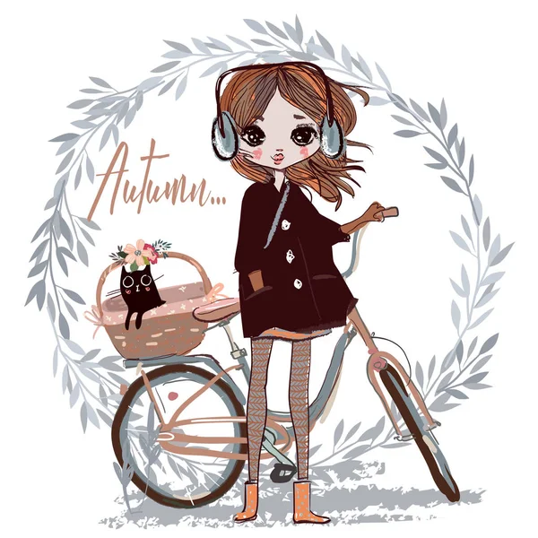 Cute autumn girl with cat — Stock Vector