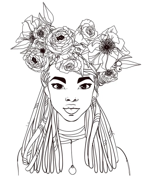 Joven hermosa mujer africana con flores — Vector de stock