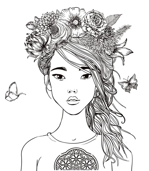 Joven hermosa mujer asiática con flores — Vector de stock