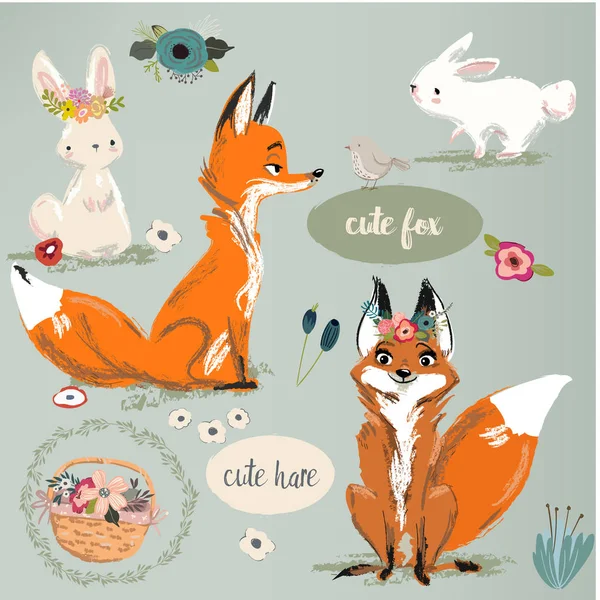 Набор с милым лисом и зайцем с цветочными элементами — стоковый вектор