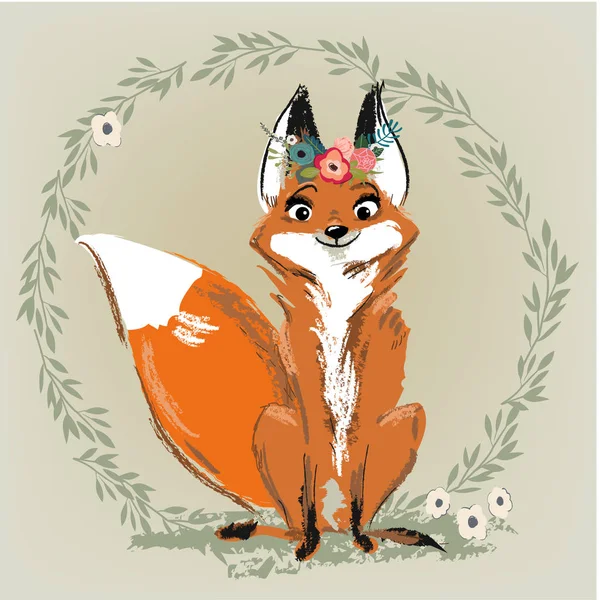 Niedlicher Fuchs mit Blumenkranz — Stockvektor