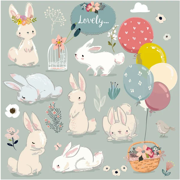 Set of cute hares with balloons — Stock Vector