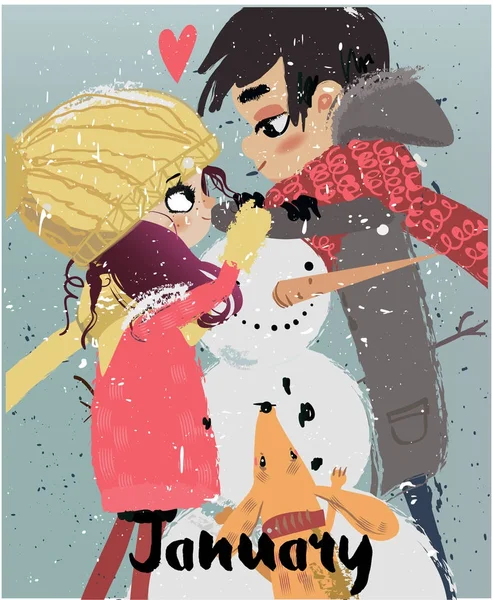 Bonito inverno cartoon casal —  Vetores de Stock