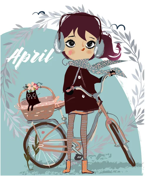 Linda chica de dibujos animados con bicicleta y gatito — Vector de stock