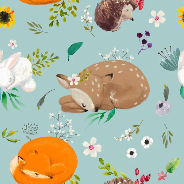 Seamless pattern with animals with flowers — Stock Photo, Image
