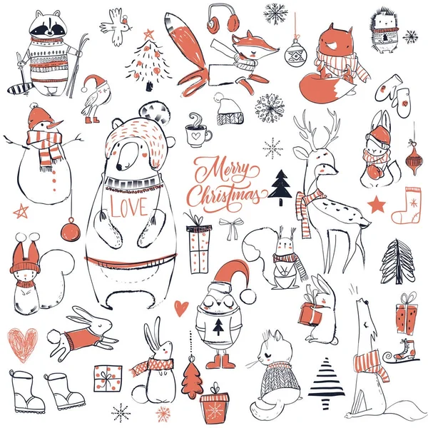 Conjunto con animales de Navidad lindo — Vector de stock