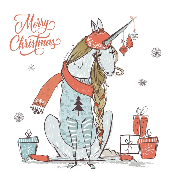 Lindo unicornio de Navidad — Vector de stock
