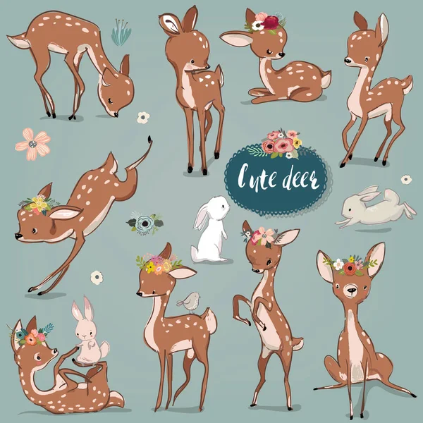 Set with cute hares and deer — Stock Vector