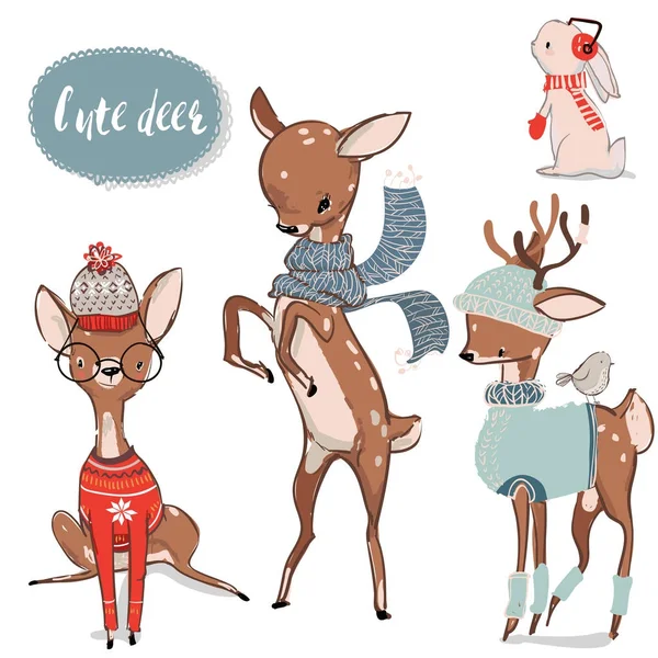 Conjunto com cervos de inverno aquarela bonito —  Vetores de Stock