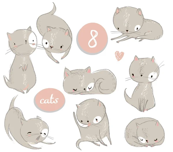 Conjunto con lindo gatito de dibujos animados — Archivo Imágenes Vectoriales