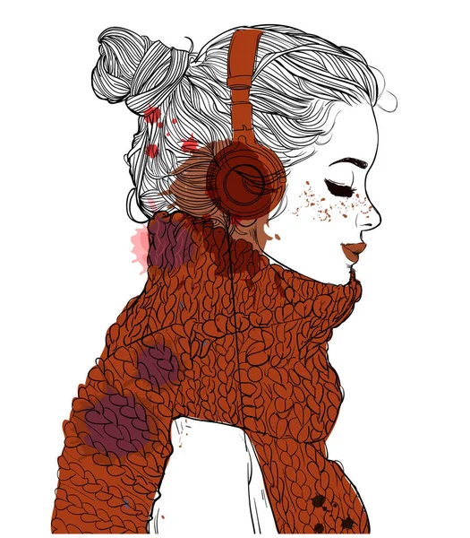 Όμορφο κορίτσι με ακουστικά — Διανυσματικό Αρχείο