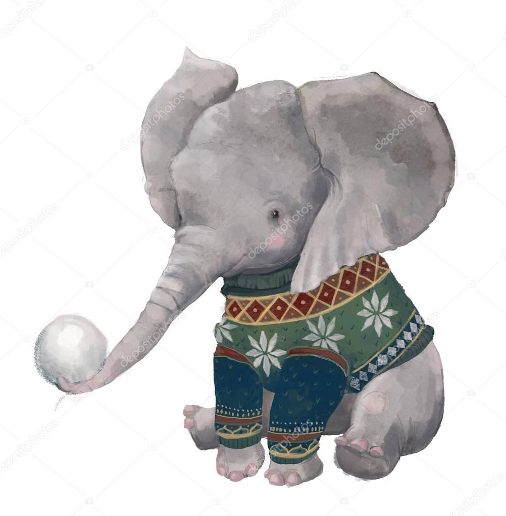 cute watercolor winter elephant