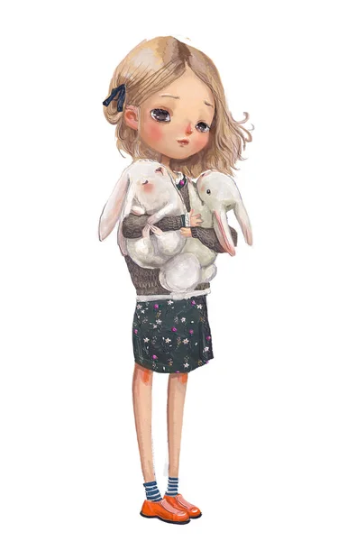 Милая летняя девушка с зайцами — стоковое фото
