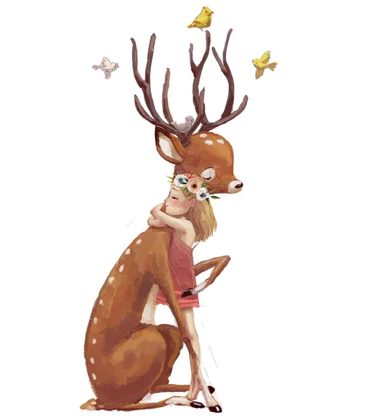 Cute summer girl with deer — Stock Photo, Image