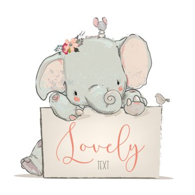 little lovely elephant with mouse and bird clipart