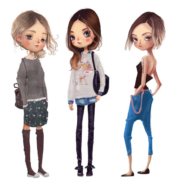 Lindo dibujos animados chicas hipster — Foto de Stock