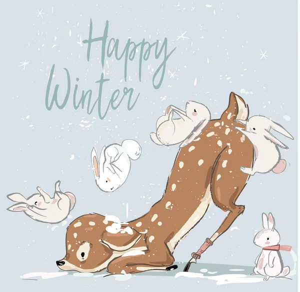 Ciervo lindo invierno con liebres — Vector de stock