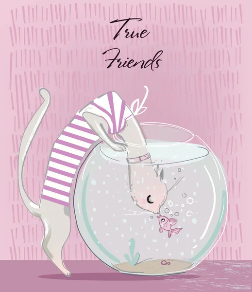 Cat and fish in aquarium Stock Illustration