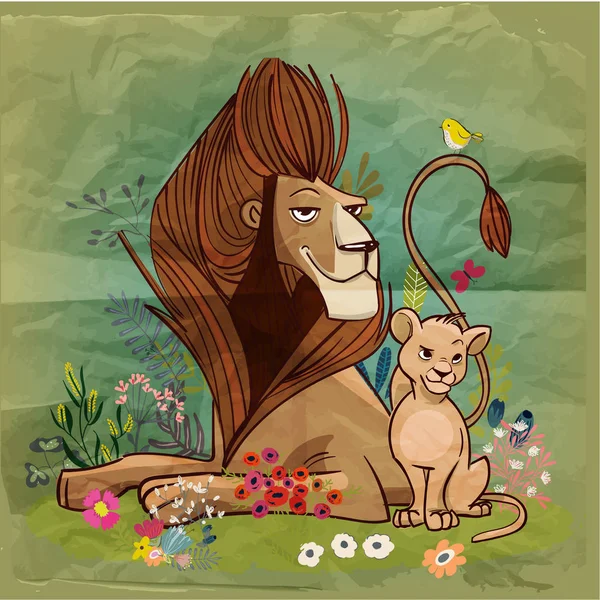 Lindo rey león de dibujos animados con niño — Vector de stock