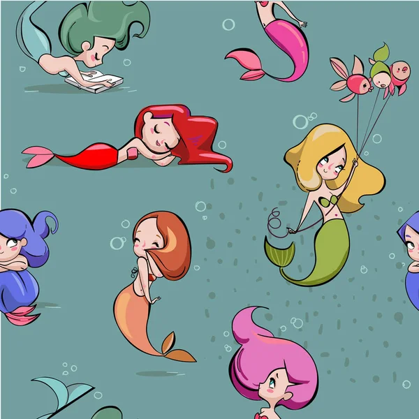 Nahtloses Muster mit niedlichen Cartoon-Meerjungfrauen — Stockvektor