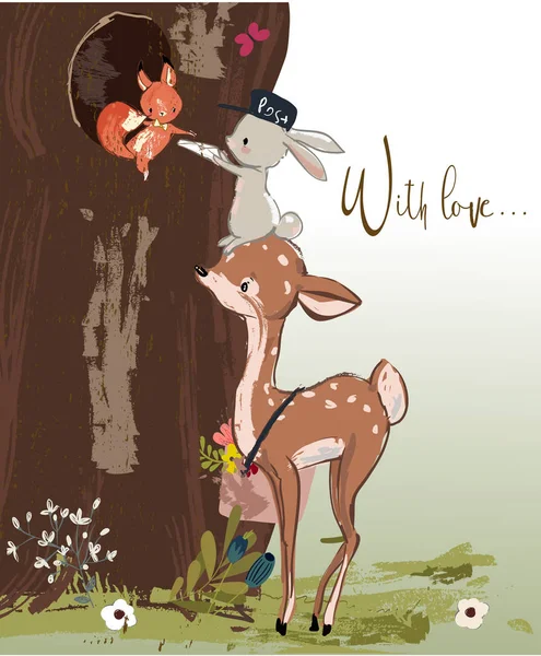 可爱的小鹿和野兔与信件 — 图库矢量图片