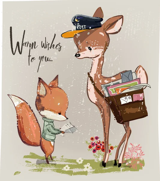 可爱的小鹿和狐狸与信件 — 图库矢量图片
