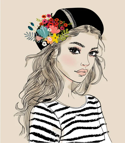 Portrait d'une jeune femme aux fleurs — Image vectorielle