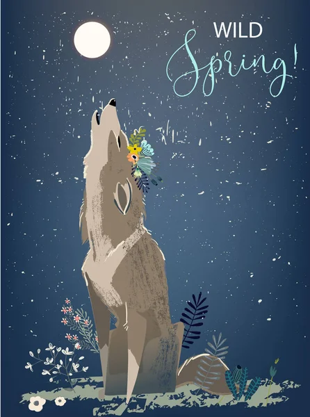 Wolf with flowers — Stock Vector