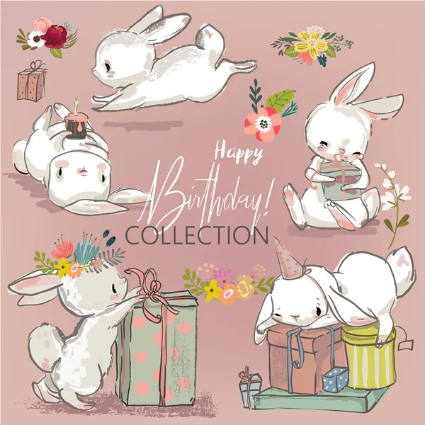 Cute birthday hares collection — Stock Vector