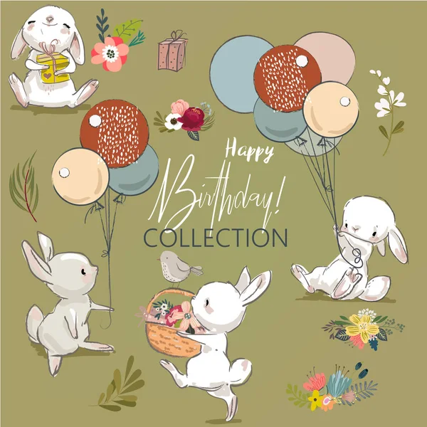 Cute birthday hares collection — Stock Vector