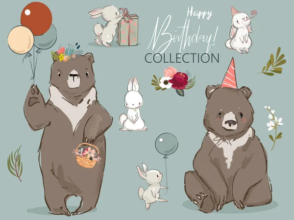 Lindo cumpleaños liebres y oso colección — Vector de stock