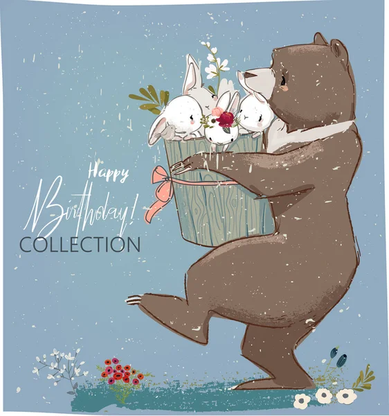 Lièvres d'anniversaire mignon et ours — Image vectorielle
