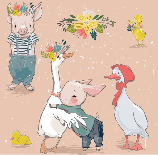 收集与小猪和鸭子 — 图库矢量图片
