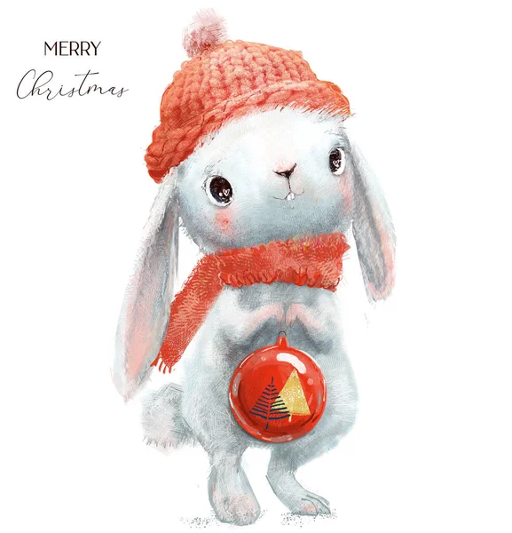 Roztomilý malý zajíc s červeným kloboukem a vánoční míč — Stock fotografie