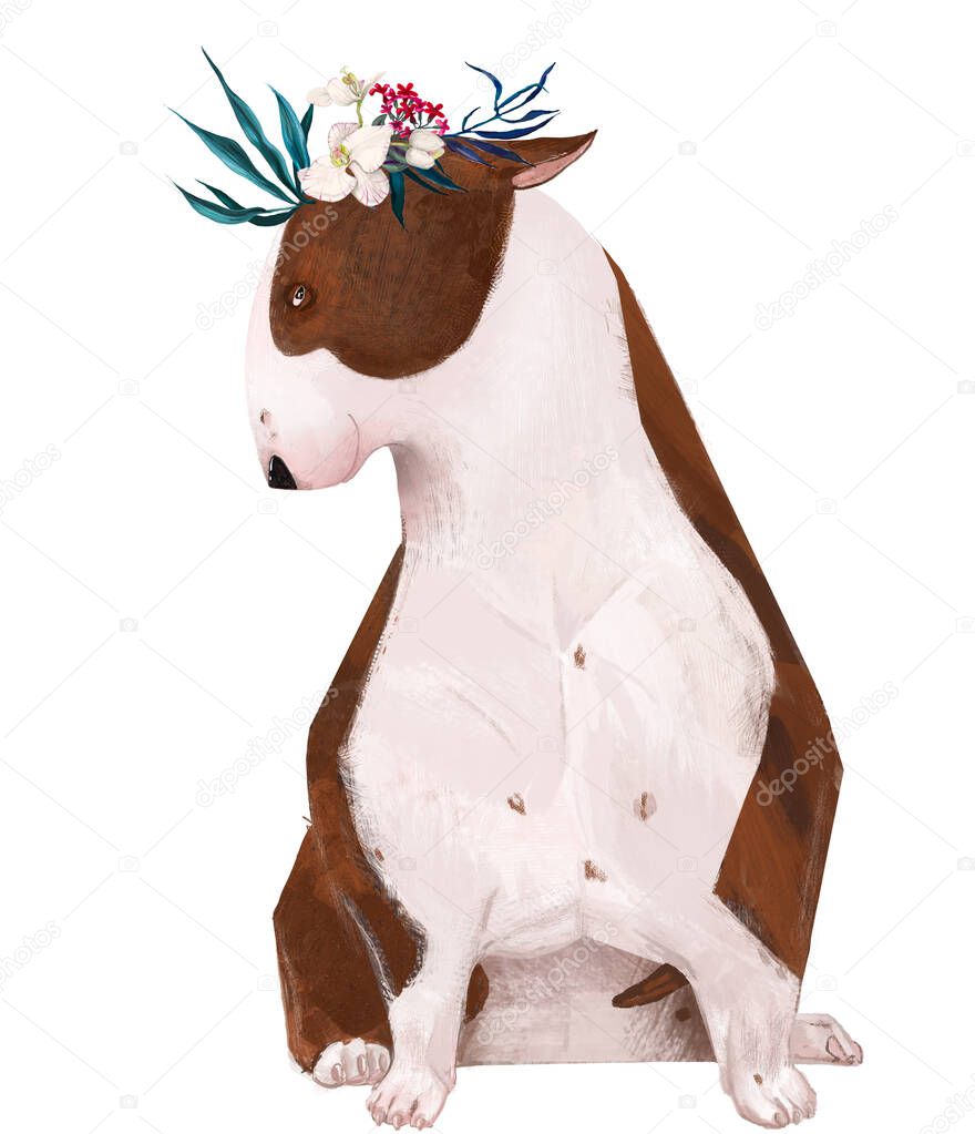 cute cartoon bull terrier with floral wreath