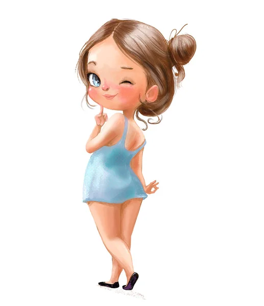 Bonito cartoon pequena menina em vestido azul — Fotografia de Stock