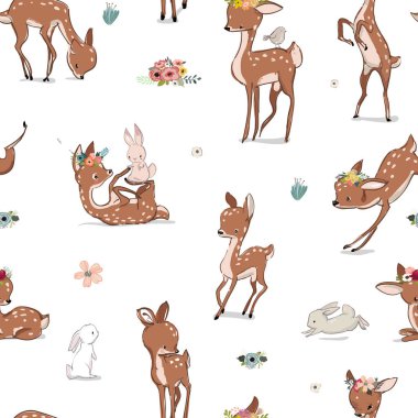 seamless pattern with little deer and hare clipart