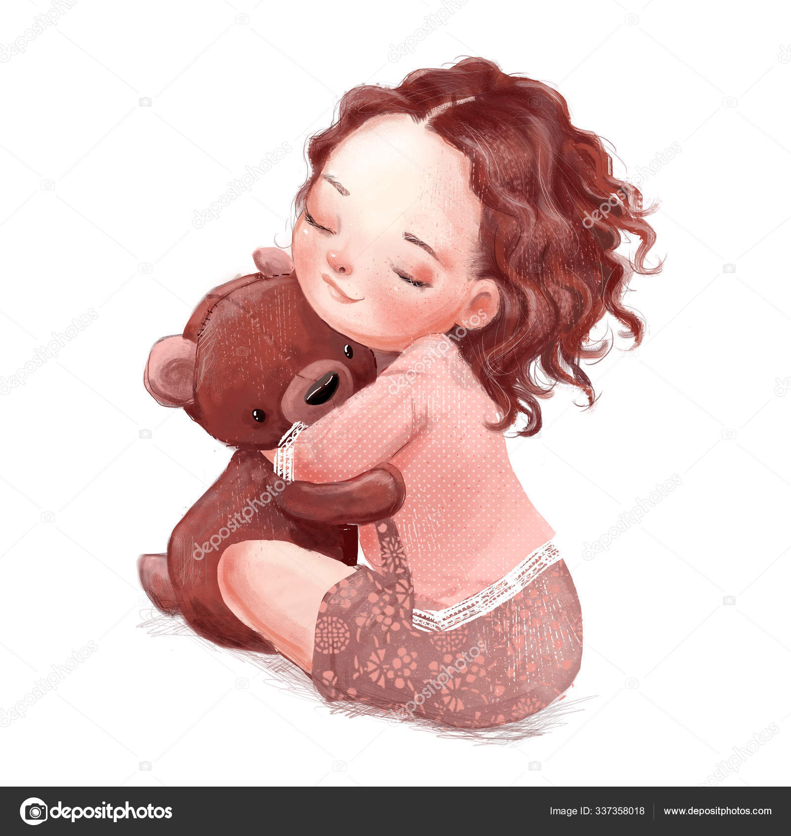 Gadis Kecil Kartun Dengan Boneka Beruang Yang Lucu Stok Foto