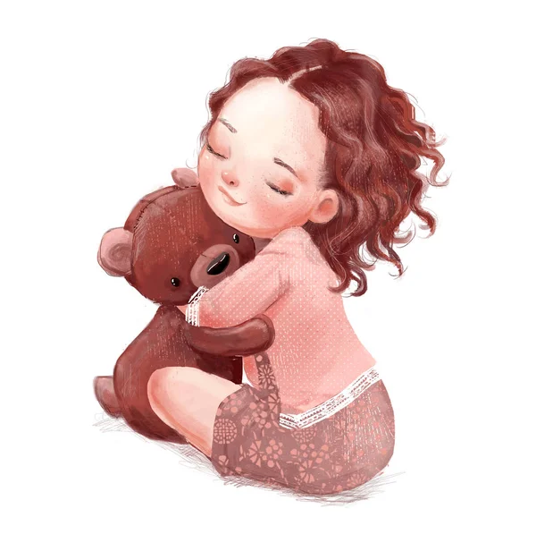 Мультяшна маленька дівчинка з милим плюшевим ведмедем — стокове фото