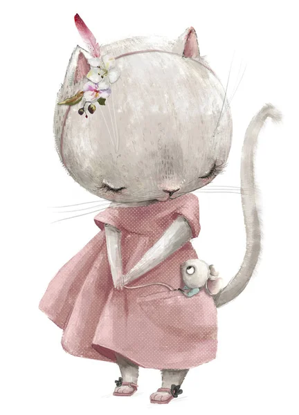 Μικρό ποντίκι και χαριτωμένο κορίτσι γατάκι με ροζ φόρεμα — Φωτογραφία Αρχείου